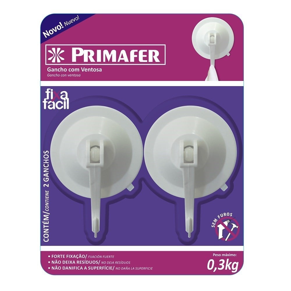 Gancho Ventosa Primafer Plástico 0.3 Kg  2 Peças PR2583